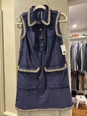 Maeve Navy Blue Corduroy Sleeveless Shift Dress with Tweed Trim